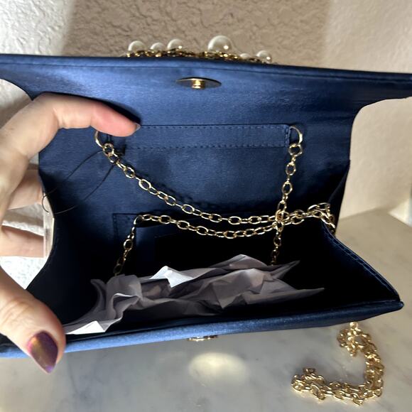Jessica McClintock Navy Satin Evening Bag Womens NWT Rhinestone Pearl Chain - Picture 5 of 8